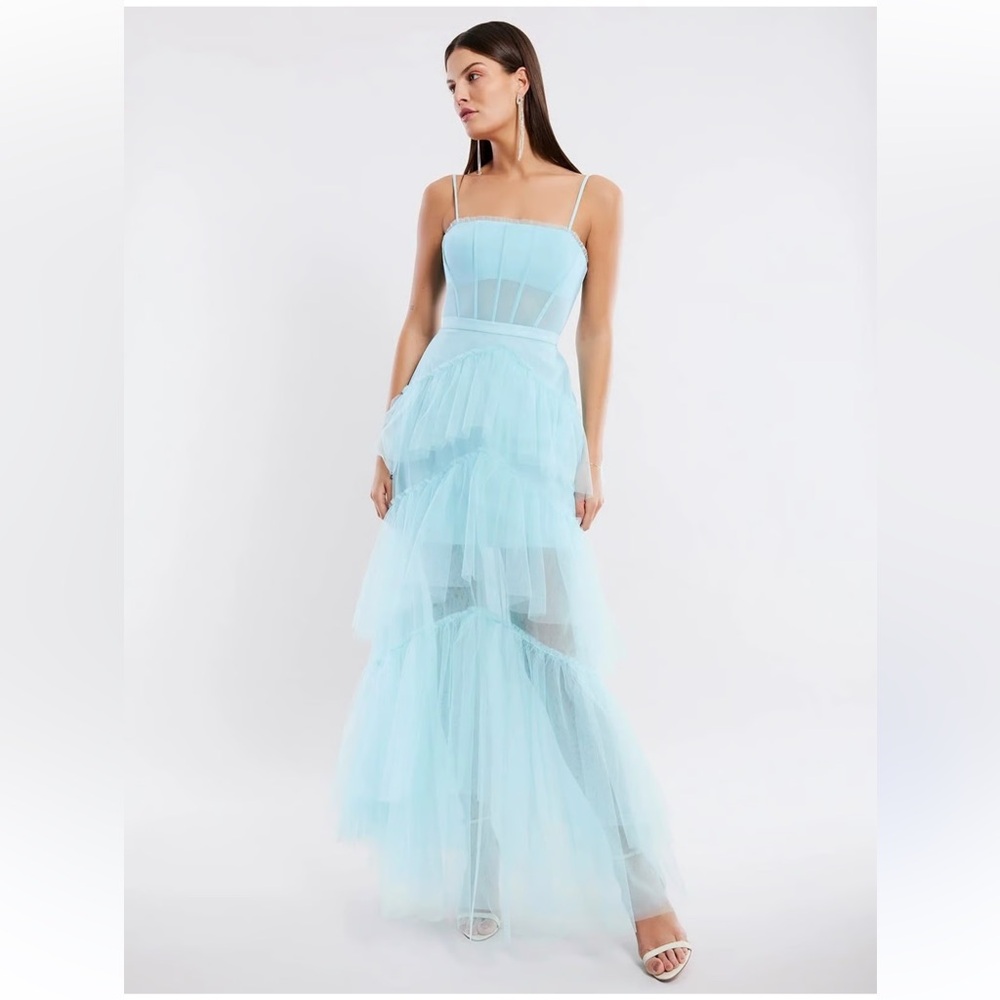 BCBGMAXAZRIA Oly Tiered Ruffle Tulle Evening Gown in the color Angel Blue